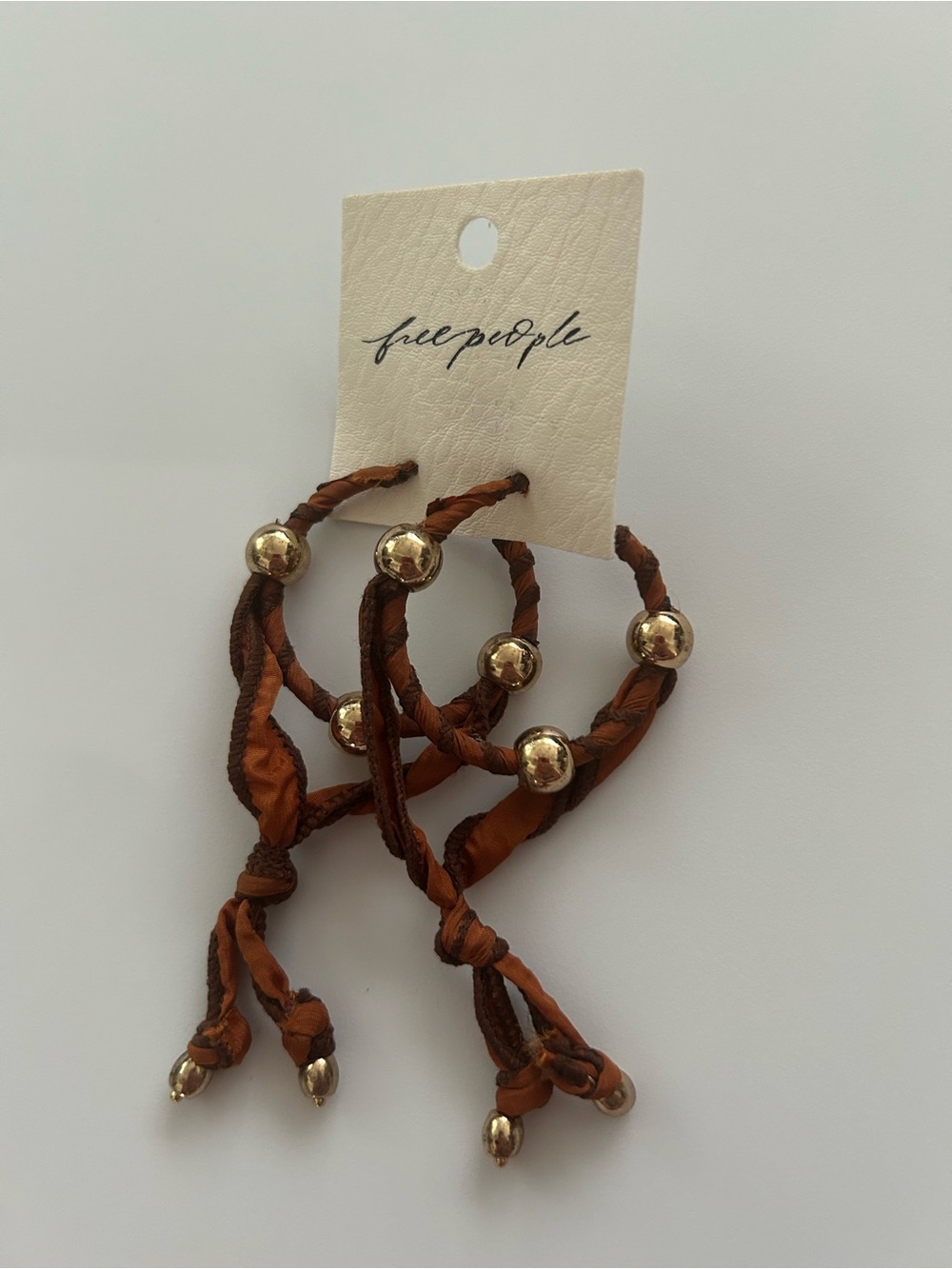 Free People Brown Fabric Wrapped Beaded Hoop Drop Earrings NWT